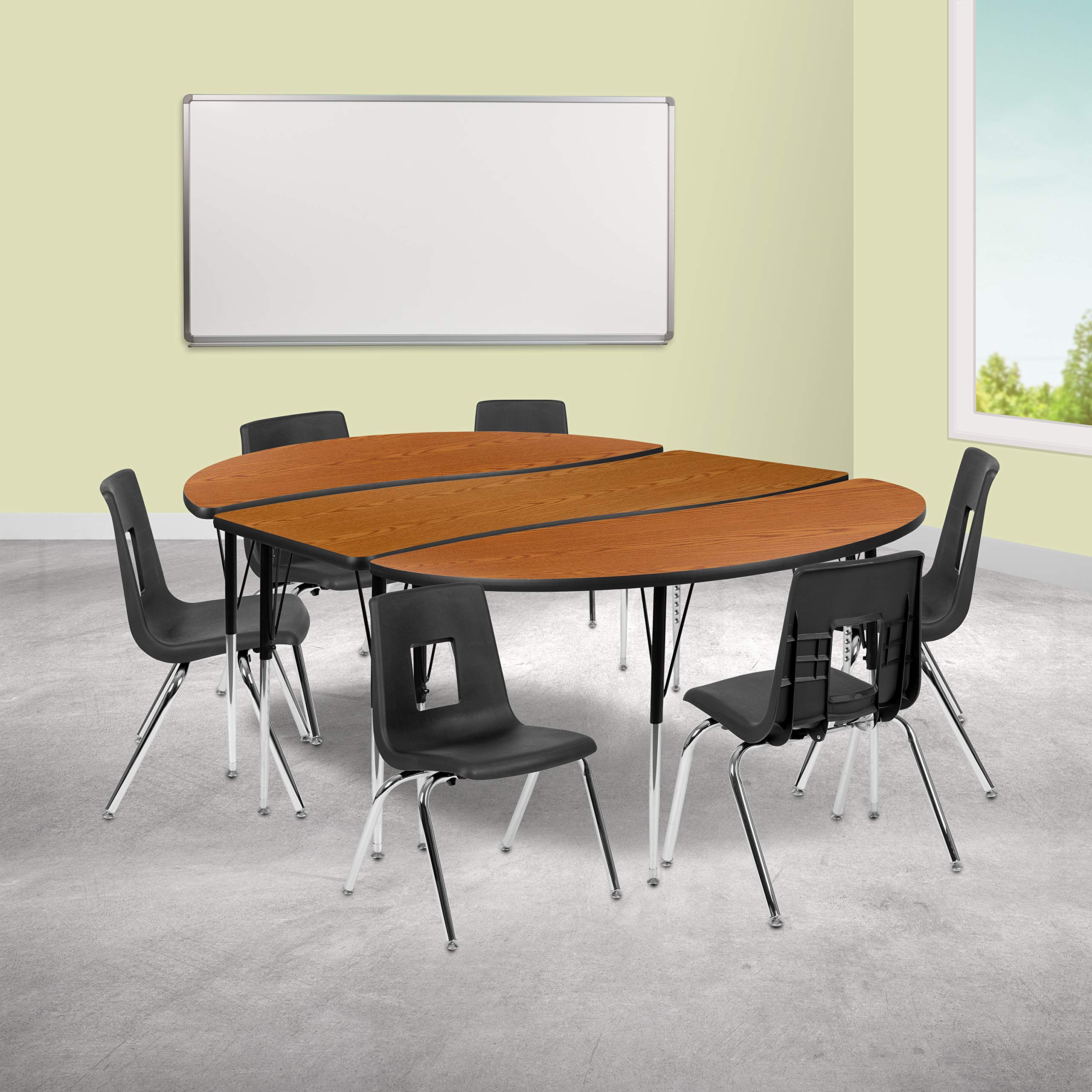 Flash Furniture Emmy 86" Oval Wave Flexible Laminate Activity Table Set With 16" Student Stack Chairs, Oak/Black